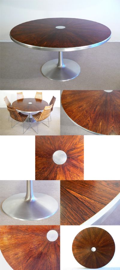 A Stunning and rare circular  rosewood and aluminium dining table by Paul Cadovious for France and Sons of Denmark, c1970. Amazing grain and detailing, simply stunning.