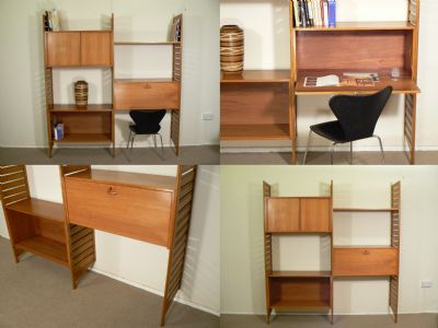 A two bay Ladderax system, c1960s. Designed by Robert Heal for Staples of London. Comprising modular storage units with teak uprights. Totally versatile, can be arranged as desired.