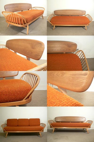 A studio couch or day bed, model number 355. Manufactured by Ercol and designed by L. Ercolani, c1960s. Original orange check fabric with new foam. A lovely example.