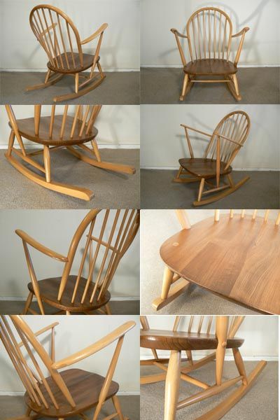A beech and elm grandmother rocking chair. Designed and manufactured by Lucien Ercolani for Ercol ltd.