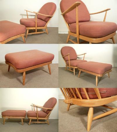 Model number 341- extension stool and model number 203 - easy chair by Ercol. Elm seat with beech framework and recently re- upholstered in salmon coloured fabric.