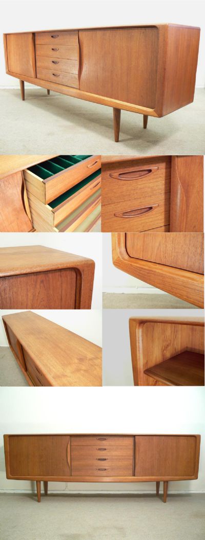 A large teak sideboard c1960s. A stunning design, with rounded edges and a beautiful organic look. The sides of the piece are angled inwards.The teak has an excellent  patina and a rich warm colour. Full width access cupboards.