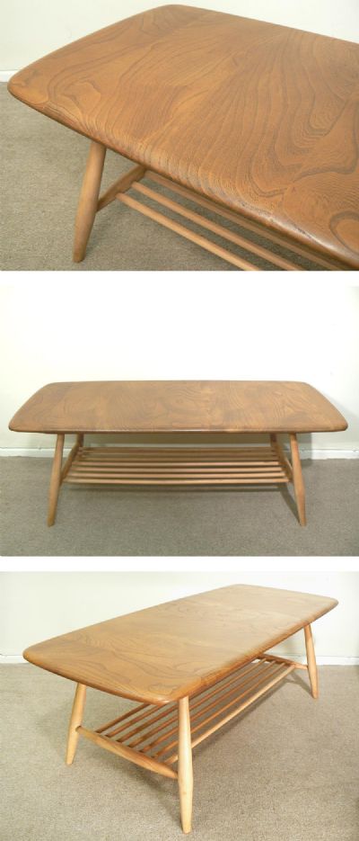  An elm topped coffee table with beech legs, c1970s. Manufactured by Ercol.