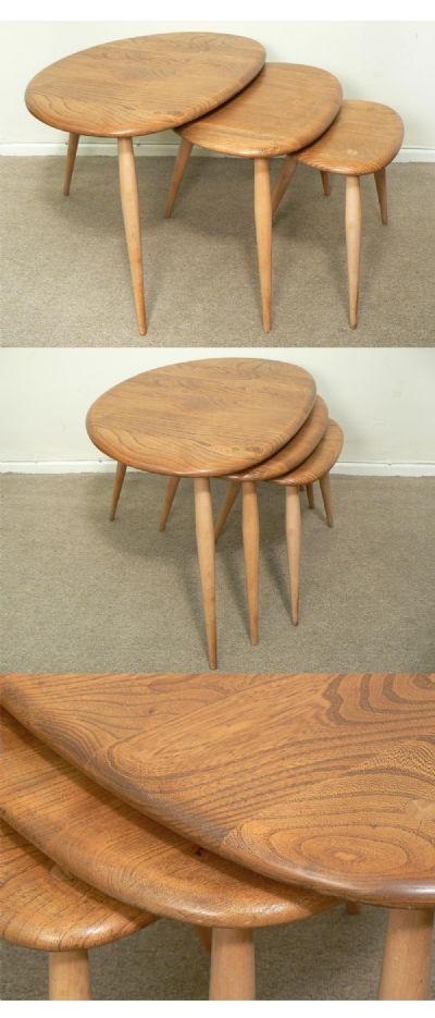 A nest of three 'pebble' tables with elm top and beech leg section,c1970s. Manufactured by Ercol.