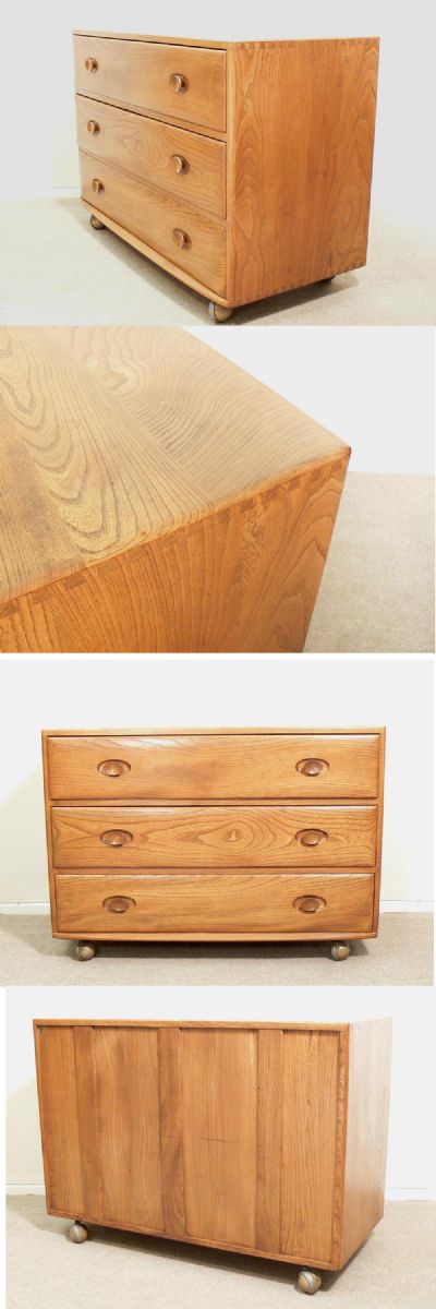 An elm and beech three draw chest, c1960s. Manufactured by Ercol, using solid elm with a wonderful figured grain.