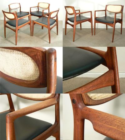 Set of four teak and rattan chairs including two carvers c1960s. Designed by Kofod Larsen for Selig, Denmark.