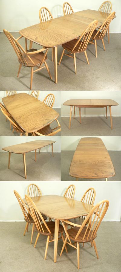 A large Ercol refectory table including six windsor chairs. Amazing detailed grain, this huge table has a central hinged leaf, which stows underneath when not in use.