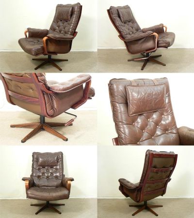 A Westnofa style swivel chair, c1970s. Upholstered in chocolate coloured hide with swivel and tilt actions and standing on a rosewood effect metal foot section.