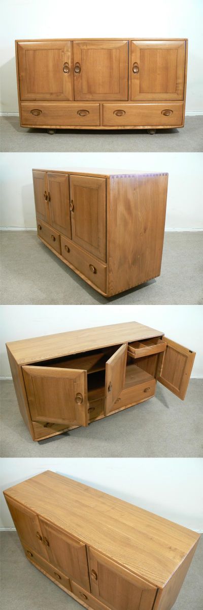 An small Ercol Windsor sideboard, with cutlery draw, c1970s. Manufactured by Ercol of High Wycombe,England, from solid elm with a beautiful figured grain.