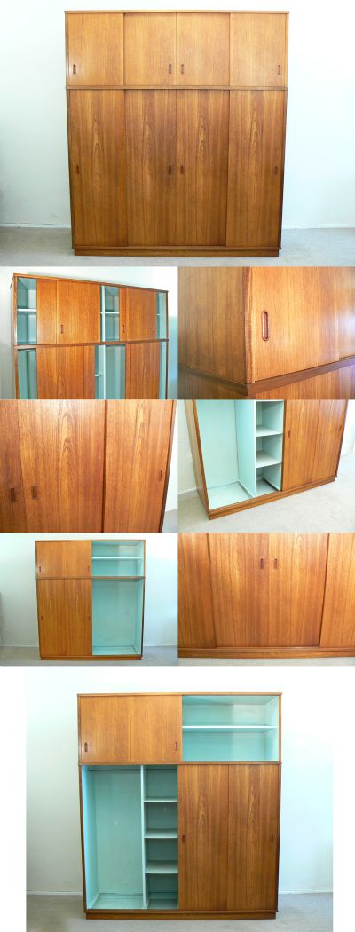 A large teak wardrobe, circa 1970. Of Swedish origin with massive storage potential, having both double and single hanging rails with shelves between. The large top section has one shelf both sides.