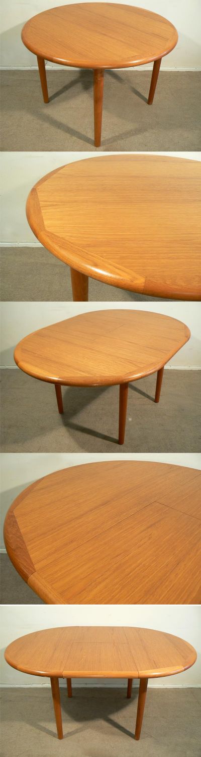A beautiful teak dining table by Laurits M Larsen, c1970. Extends via central leaf, to make seating for six people. Superb banded edges and top quality construction, a work of art.