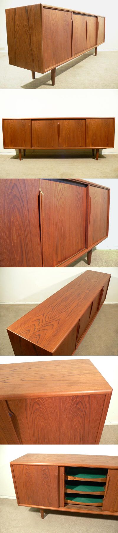 A large teak sideboard c1960s. Designed by Gunni Omann and manufactured by Axel Christiansen, this fine Danish piece is of excellent quality and construction. Three baize lined internal draws.