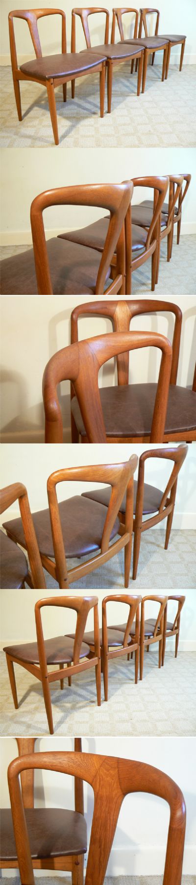 A set of four teak dining chairs c1960s. The 'JULIANE' series designed by Johannes Anderson for Uldum furniture of Denmark. Stunning organic looking set, newly reupholstered in chocolate brown hide.