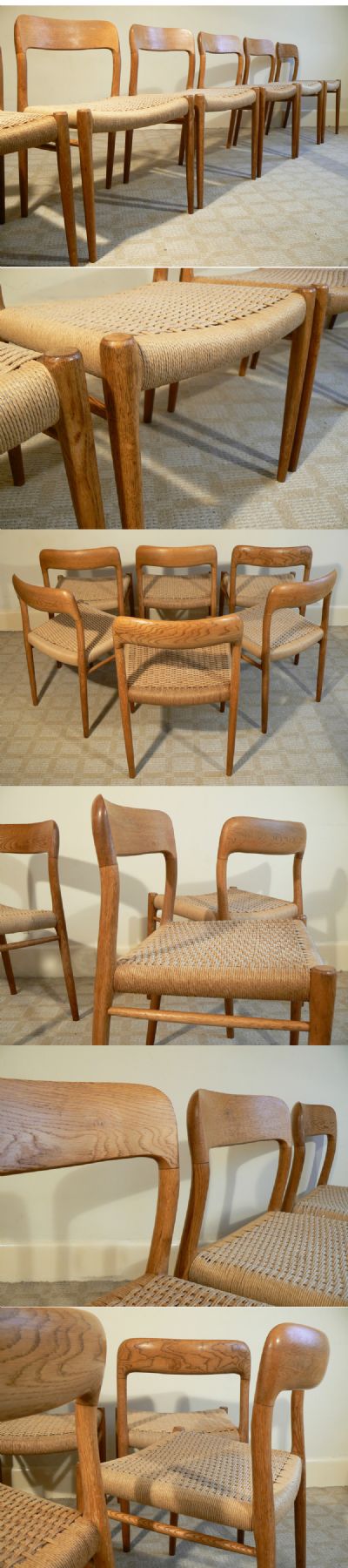 A set of six oak dining chairs with cord seats. An absolutely stunning set  manufactured by the premier chair makers: J.L Moller of Denmark, c1960s.