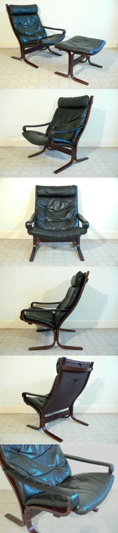 ONE OF A PAIR BOTH WITH MATCHING FOOTSTOOLS . A high back Siesta chair and footstool, in black hide with a rosewood stained bentwood frame. Manufactured by Vestlandske Mbelfabrikk/Westnofa of Norway and designed by Ingmar Relling.