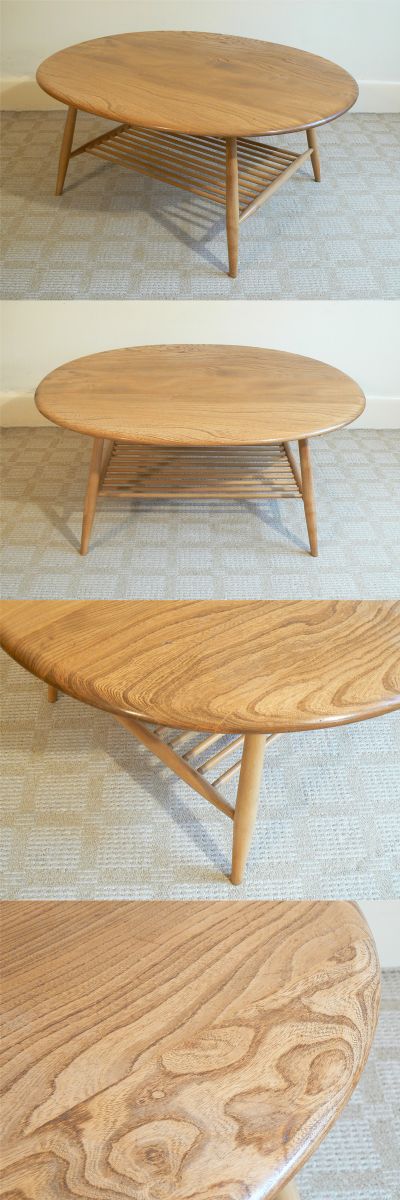 An Ercol coffee table, c1960s. Beautiful solid elm top with beech leg section.