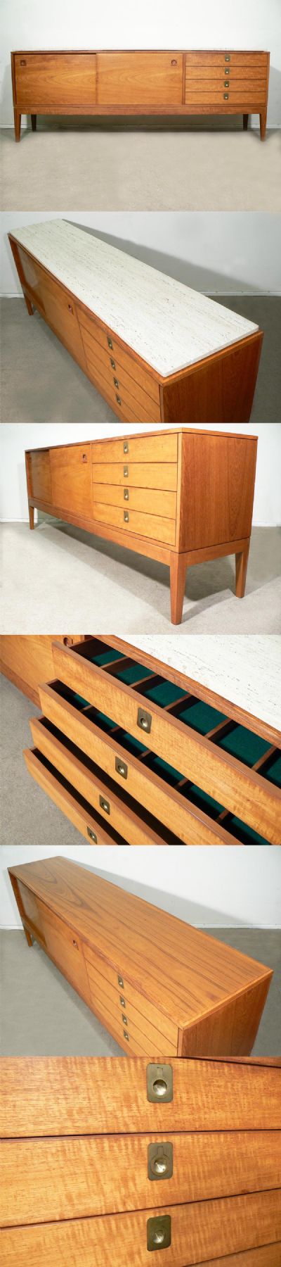 A large teak sideboard c1970s, designed by Robert Heritage. This piece comes with a full length open grain marble top, in white with grey, added by the original owners during the period. 