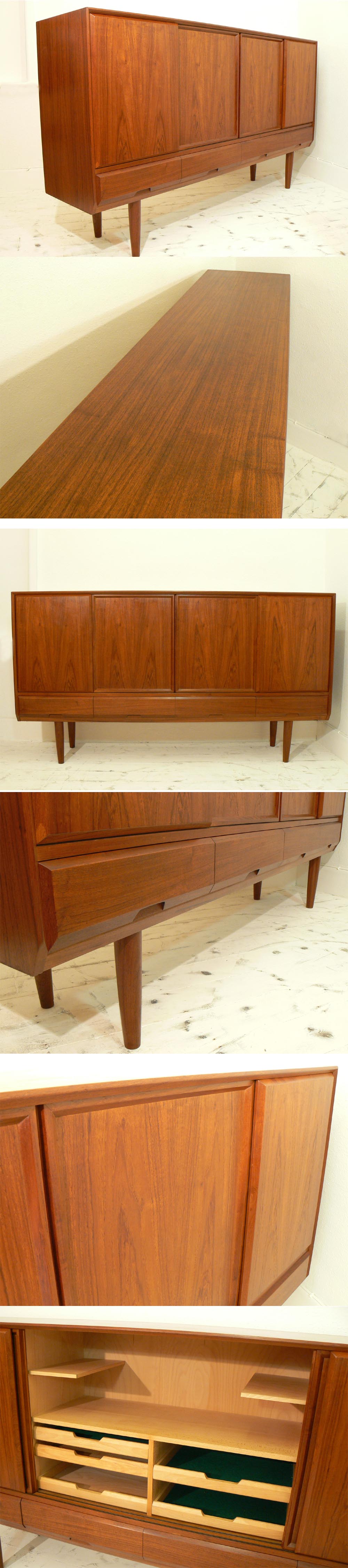 A large teak sideboard, c1970s. Manufactured by V.S Mobelfabrik, Denmark. A stunning unit with a lovely angular cut.