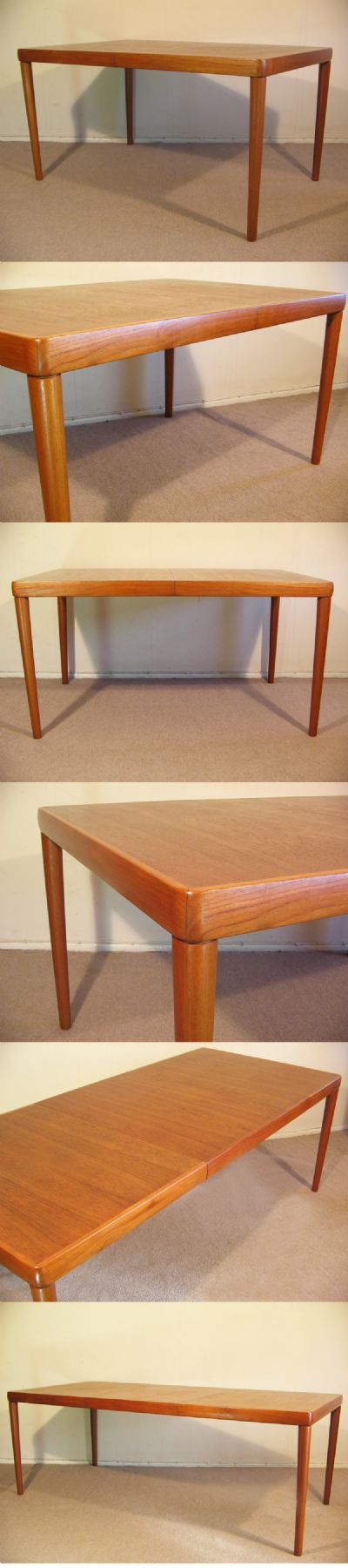 A teak extending table c1970s, by Bramin of Denmark. Extends via single central leaf. An impressive table with lovely leg detail. Seats eight.