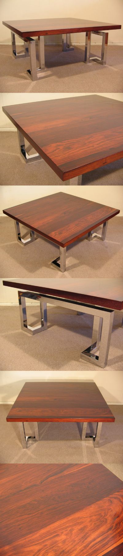 A square 'Mandarin' series, rosewood coffee table by Pieff, England. Standing on heavy chrome leg section with lovely rich grain.