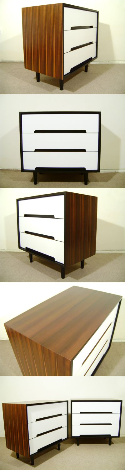 A 'C' range chest of drawers, c1960. Original white facings with walnut veneer, designed by John+Sylvia Reid for Stag furniture. Pair available.