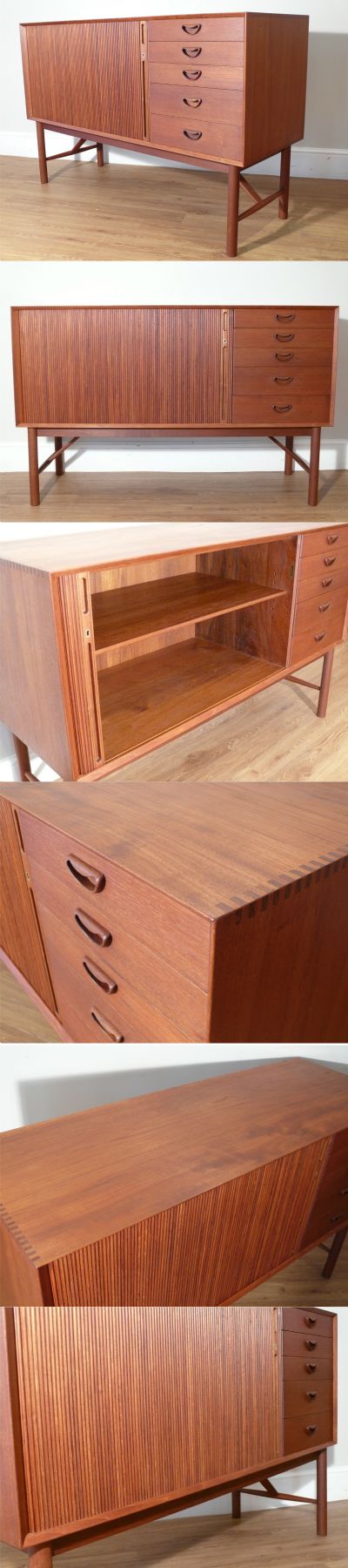 A Danish tambour door teak sideboard, c1950s. Peter Hvidt's highly distinctive sideboard with exposed joints and detailed leg section.