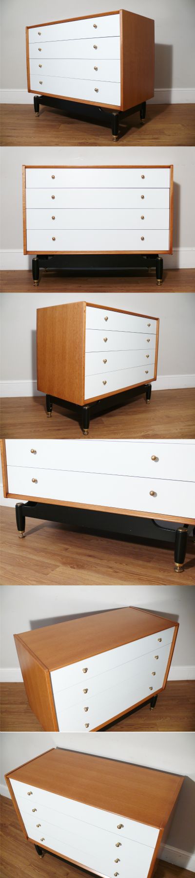 A G-Plan chest of drawers, c1950s. Oak with grey fronted drawers and standing on an ebonised foot section.