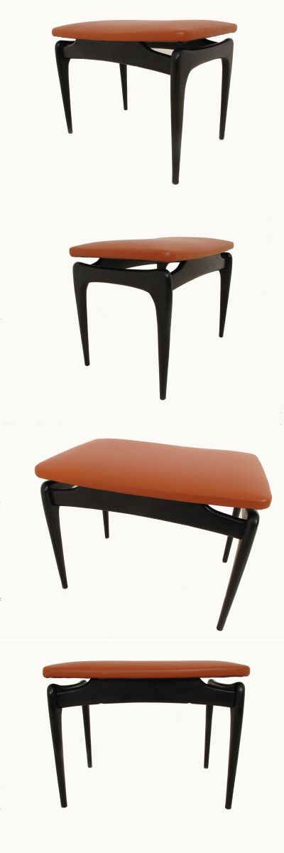 An ebonised wooden framed stool with tan leather upholstery, c1950/60s 