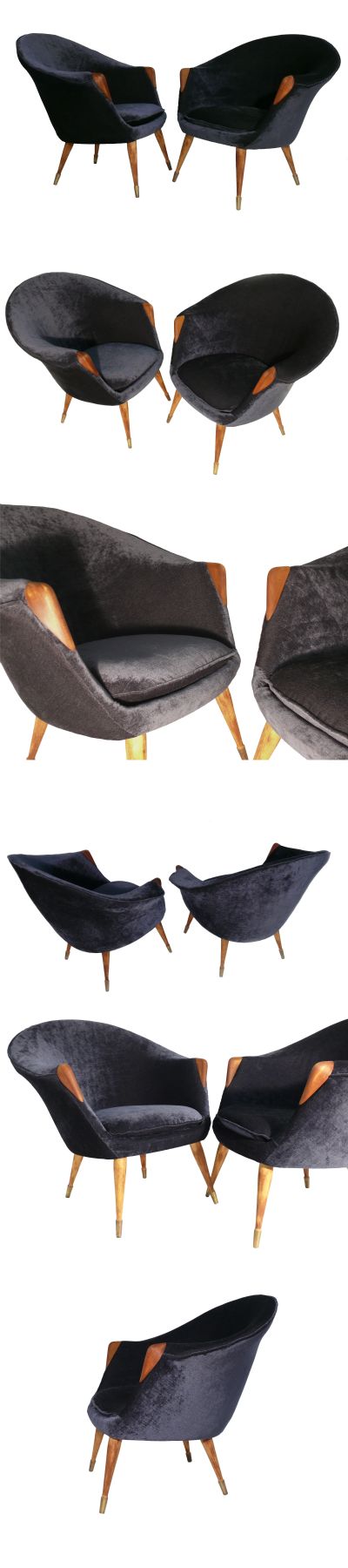 A stunning pair of cocktail chairs c1950s, with Beech arm cappings and legs. Freshly upholstered in deep purple/ blue, piled fabric.