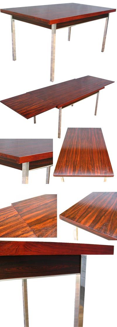 Large Merrow style, rosewood extending table. Standing on chrome feet with chrome detailing and a stunning 'Tiger' grain rosewood veneer. Extends via two pull out leaves at either end. Seating for up to 10 people.