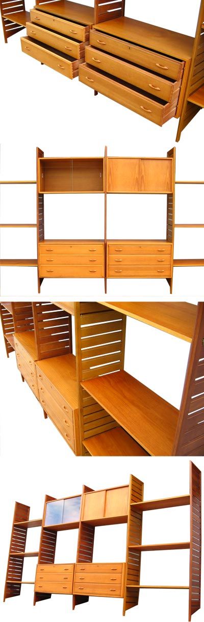 Large wood framed, wall mounted Ladderax system. A much sought after big system with desirable teak uprights. Lots of versatile storage, an iconic piece.