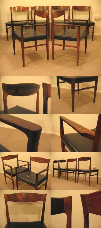Set of six rosewood dining chairs, by S.A.X, Denmark. Excellent organic form with sharp, detailed grain.